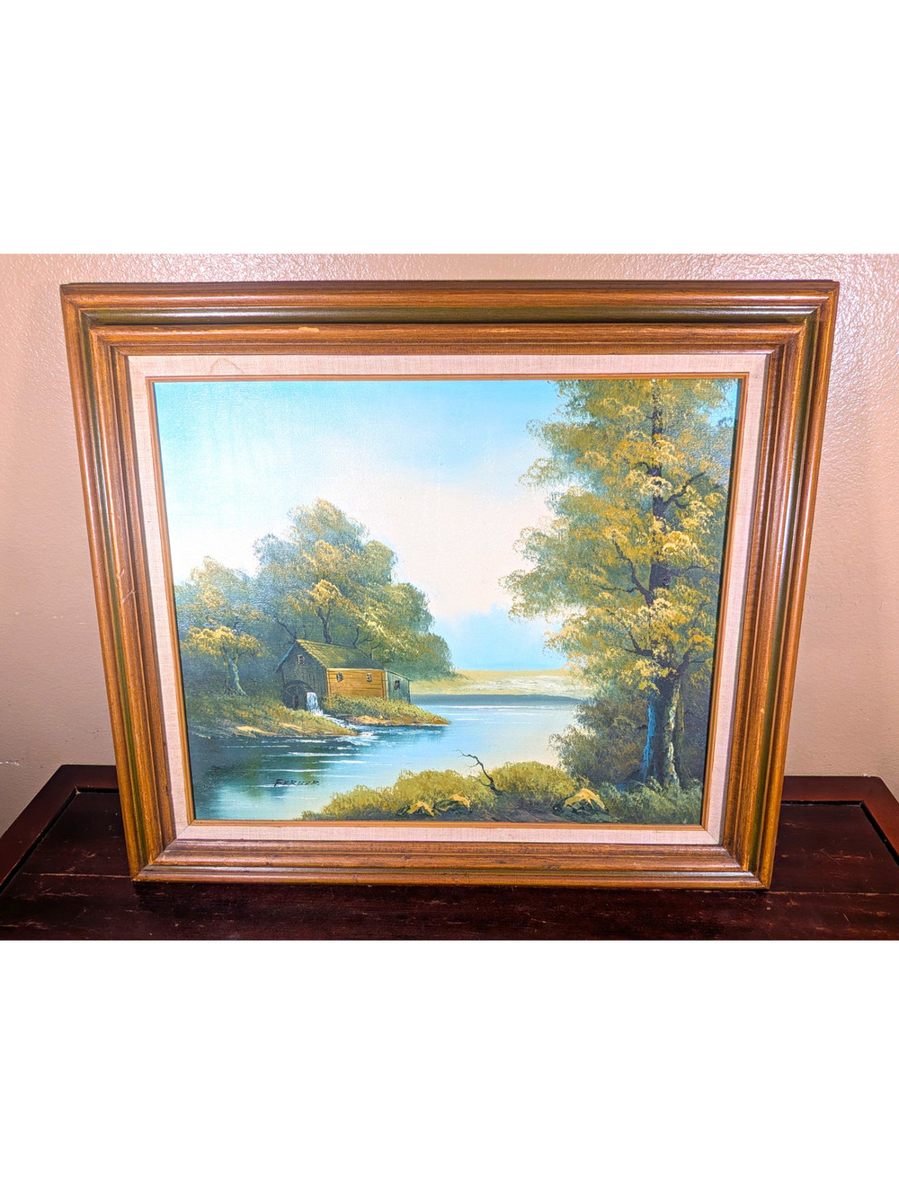 Original oil painting framed Mid Century Landscape River Cabin Signed Ferber